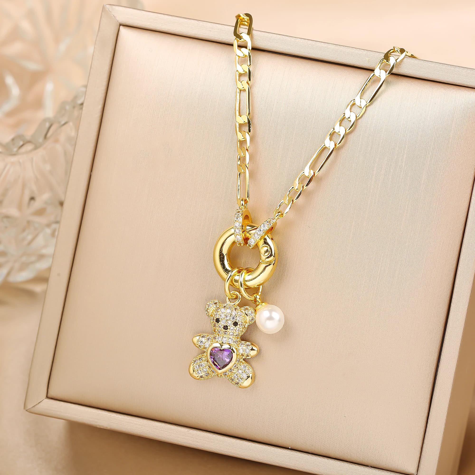 Haute qualité brillant cristal zircone Animal mignon ours pendentif collier ras du cou pour femme fi