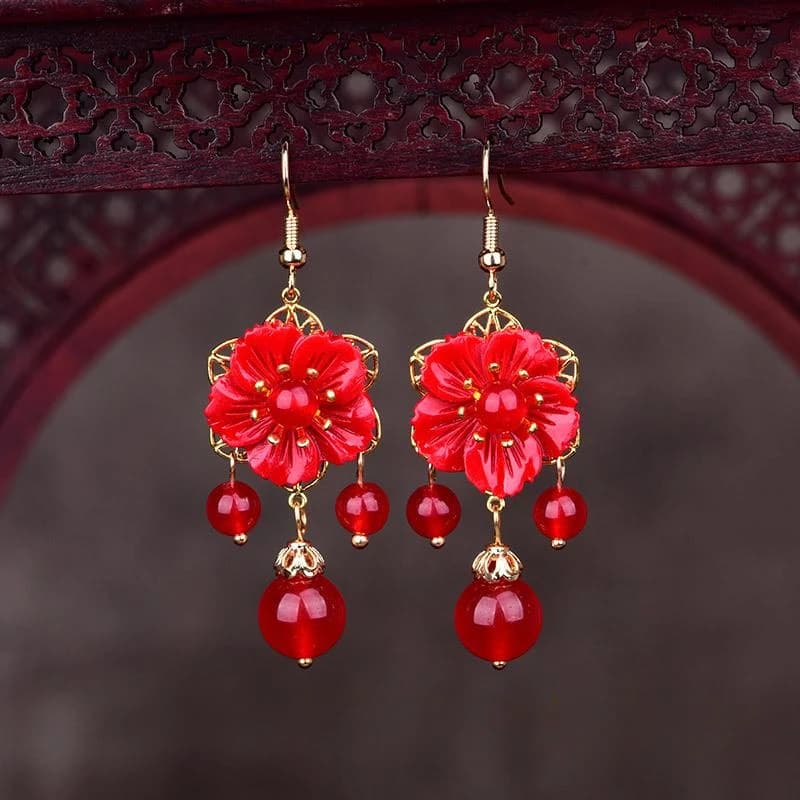 Boucles d'oreilles fleur de Jade rouge, bijoux amulette de pierres précieuses en Zircon, cristal nat