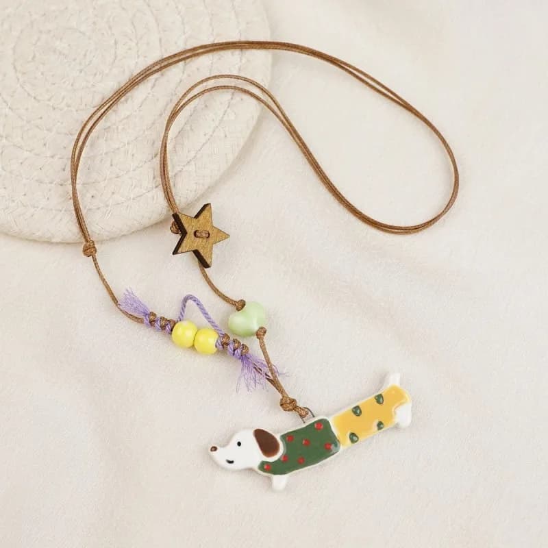 Colliers longs en céramique avec pendentif chiot, colliers à breloque petit chien mignon peints à la