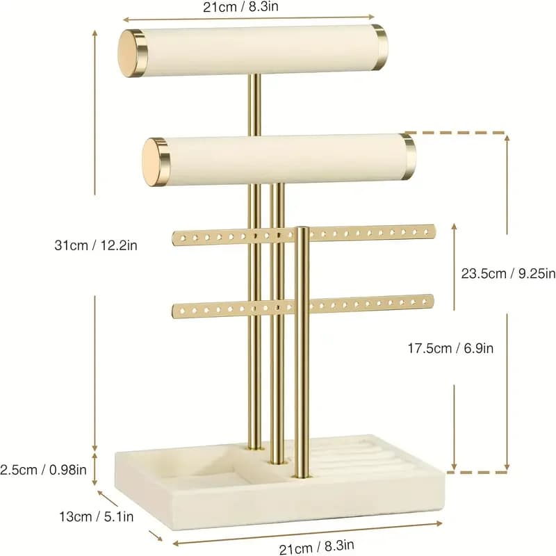 Un support de rangement de bijoux de style luxueux avec un schéma de couleurs noir et or, doté de pl