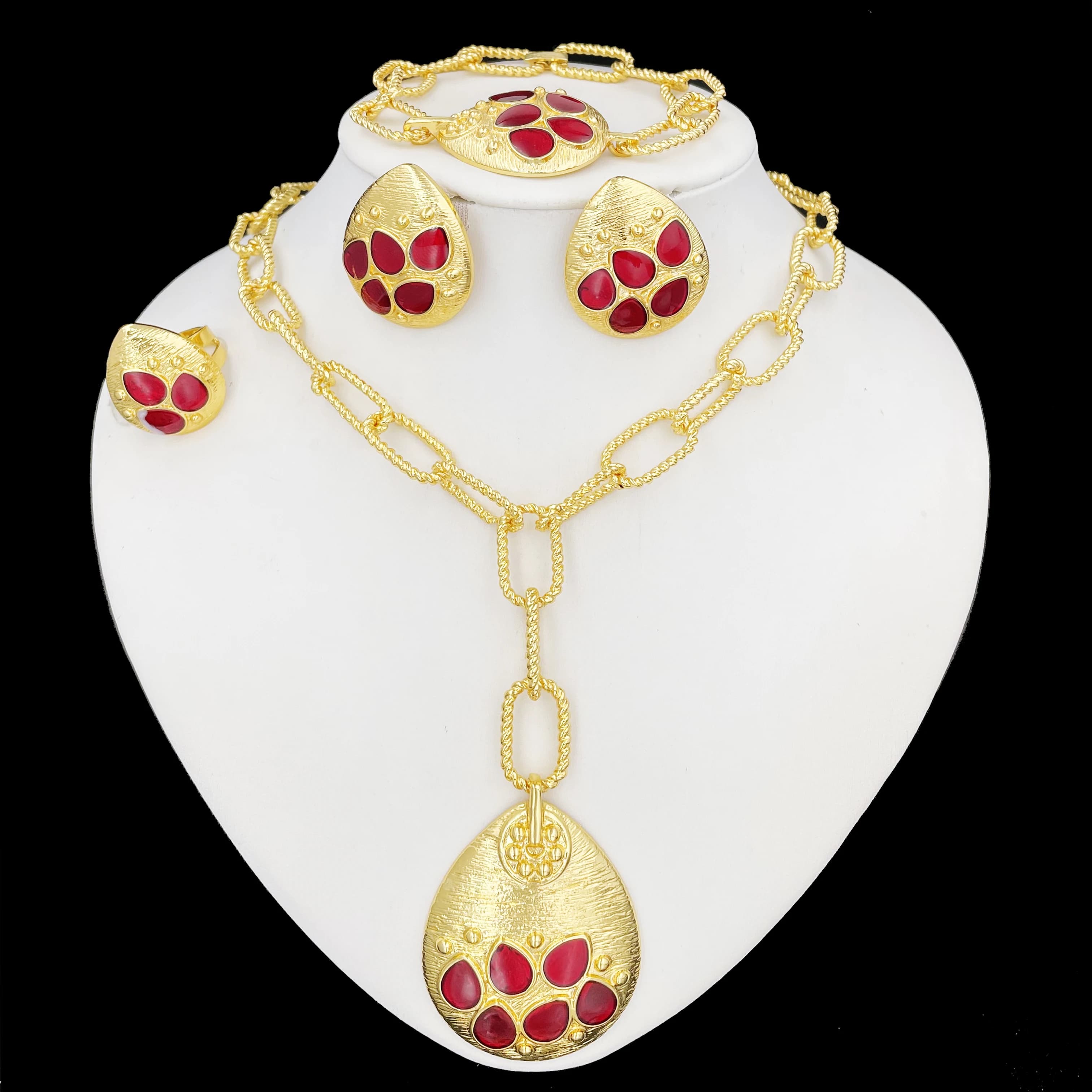 Ensemble de bijoux plaqué or pour femme, collier long, boucles d'oreilles, bracelet et bague, bijoux