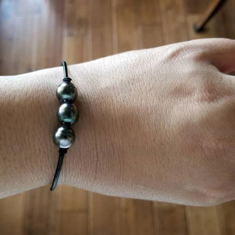 Bracelet unisexe en cuir avec perles de Tahiti véritable
