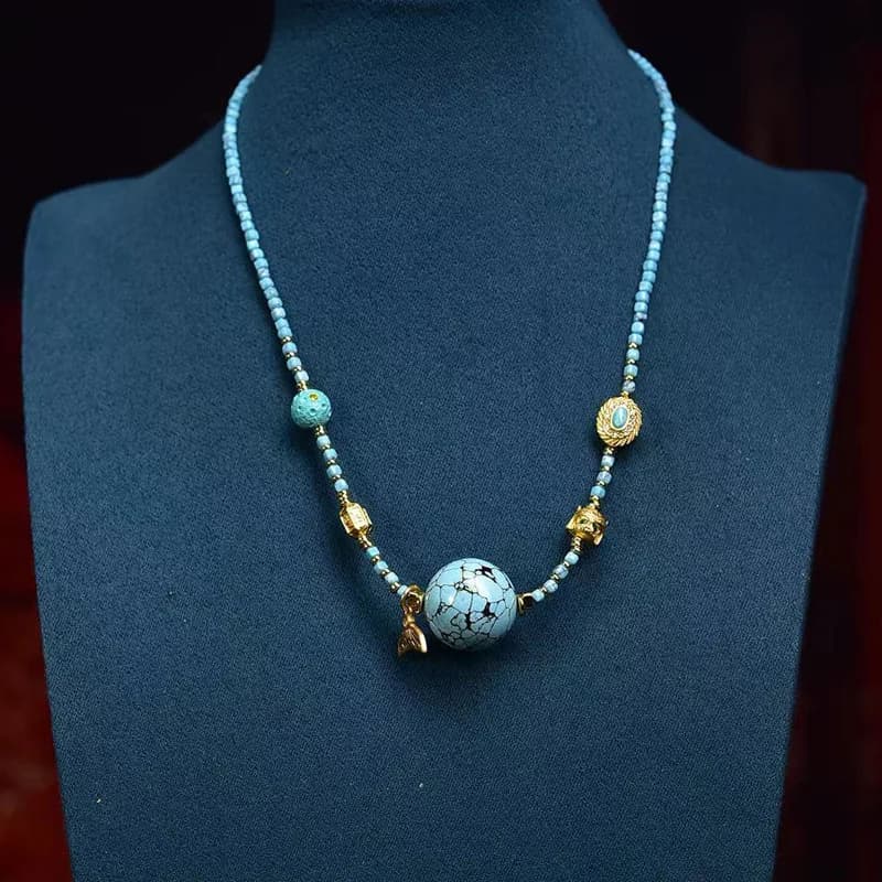 Chaîne de clavicule Turquoise en porcelaine haute, pendentif en fil de fer bleu ciel, collier tibéta