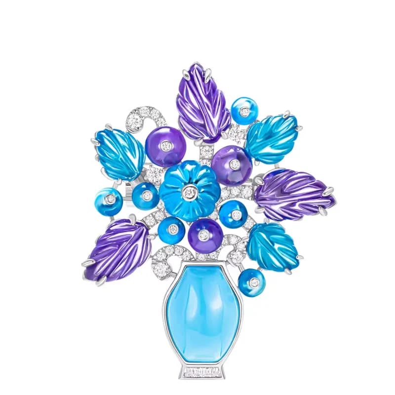 BELLUX Fine Jewelry Broche Vase de Luxe en Argent 925 avec Zircon Synthétique, Pierre Précieuse Scul