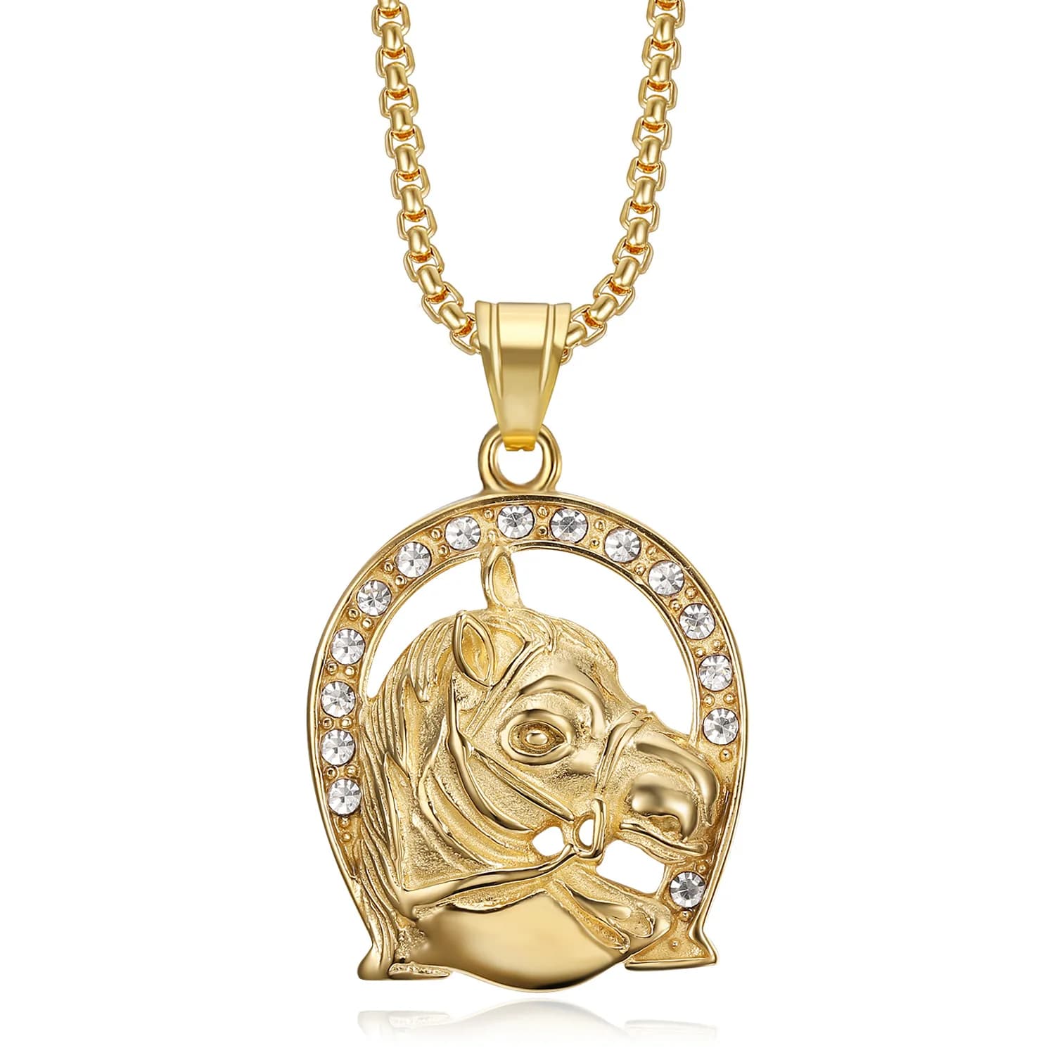 Collier Hip Hop Iced Out pour homme, pendentif tête de cheval Bling, document doré, fer à cheval en 