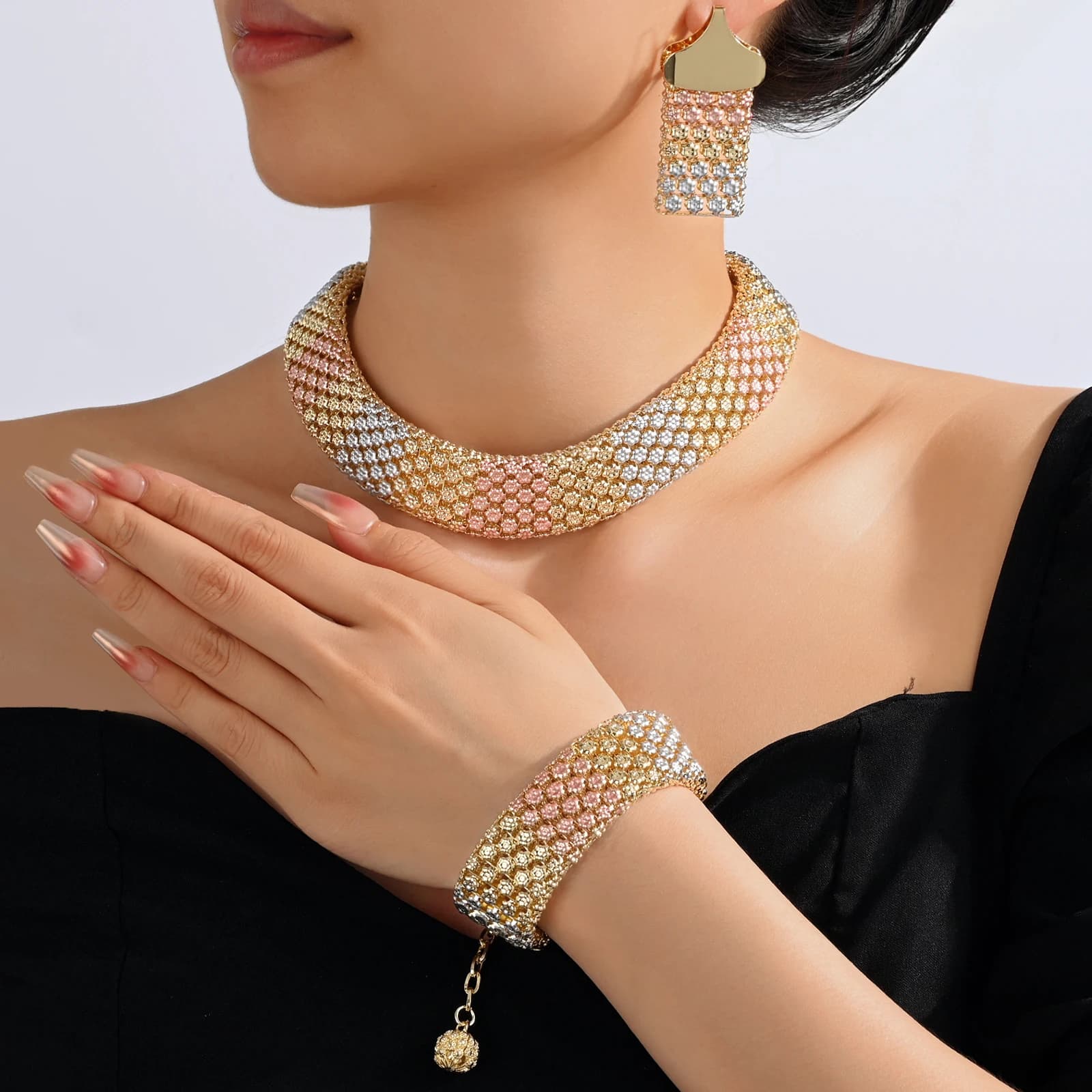 Ensemble de bijoux de Dubaï pour femmes, grand collier, bracelet de style ethnique, boucles d'oreill