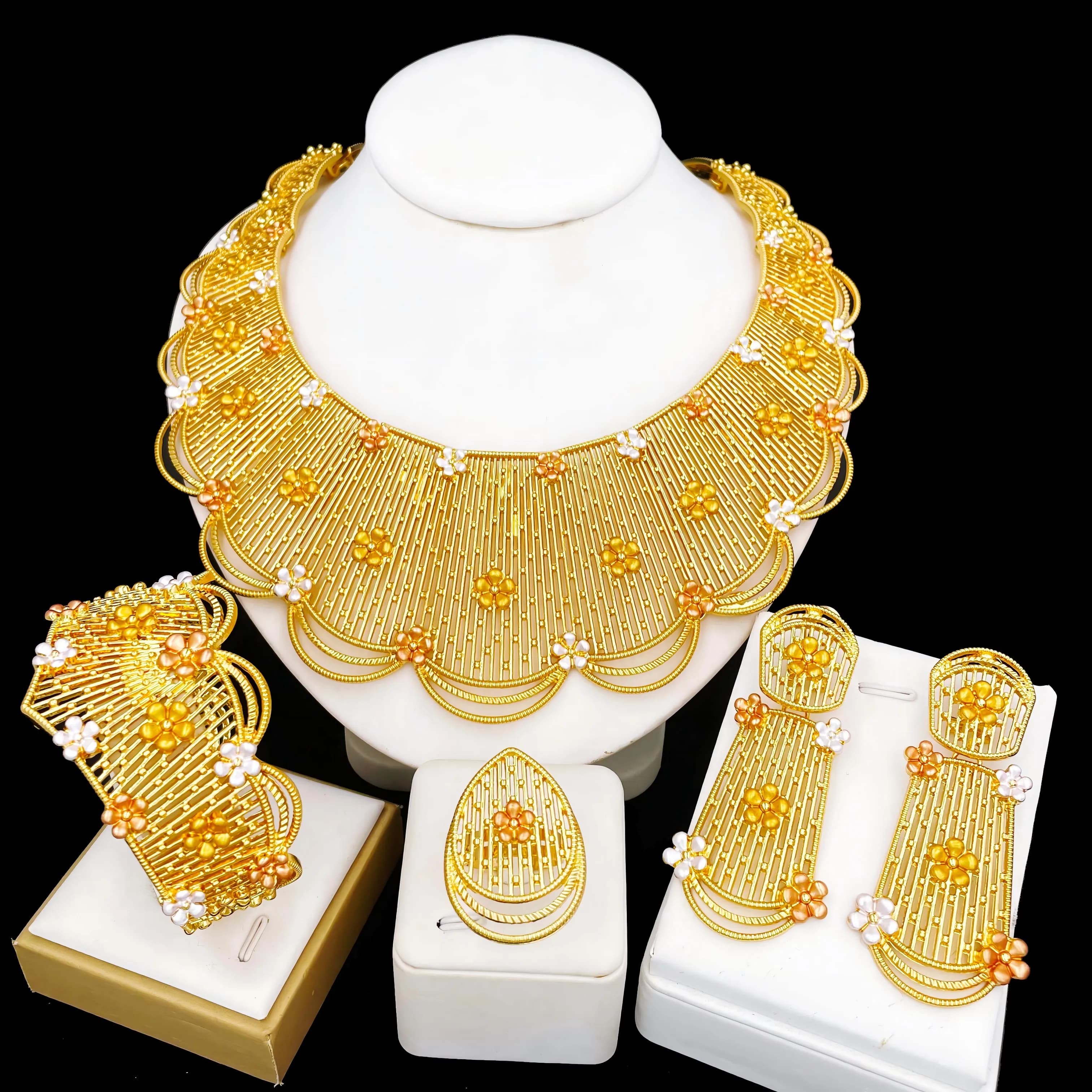 Ensemble complet de bijoux de placage tricolore pour femme, collier design de luxe, boucles d'oreill