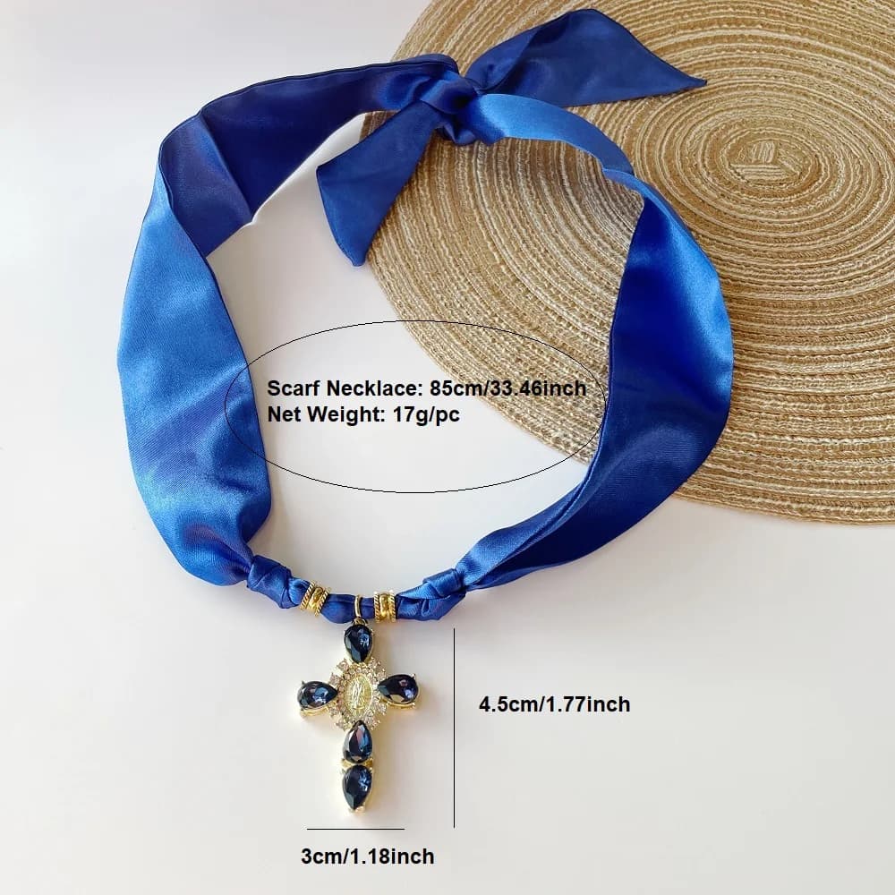 Collier Bandana croix bleu marine rose, croix en strass avec médaillon de la vierge marie et écharpe