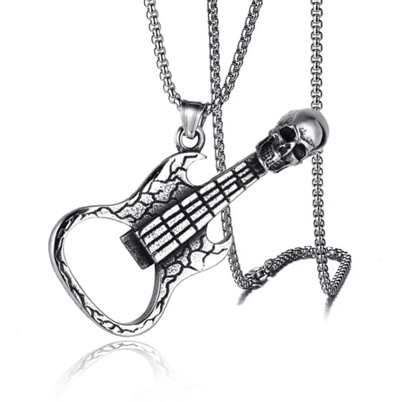 Collier pendentif guitare squelette rétro Style Hip Hop Vintage couleur argent ouvre-bouteille colli