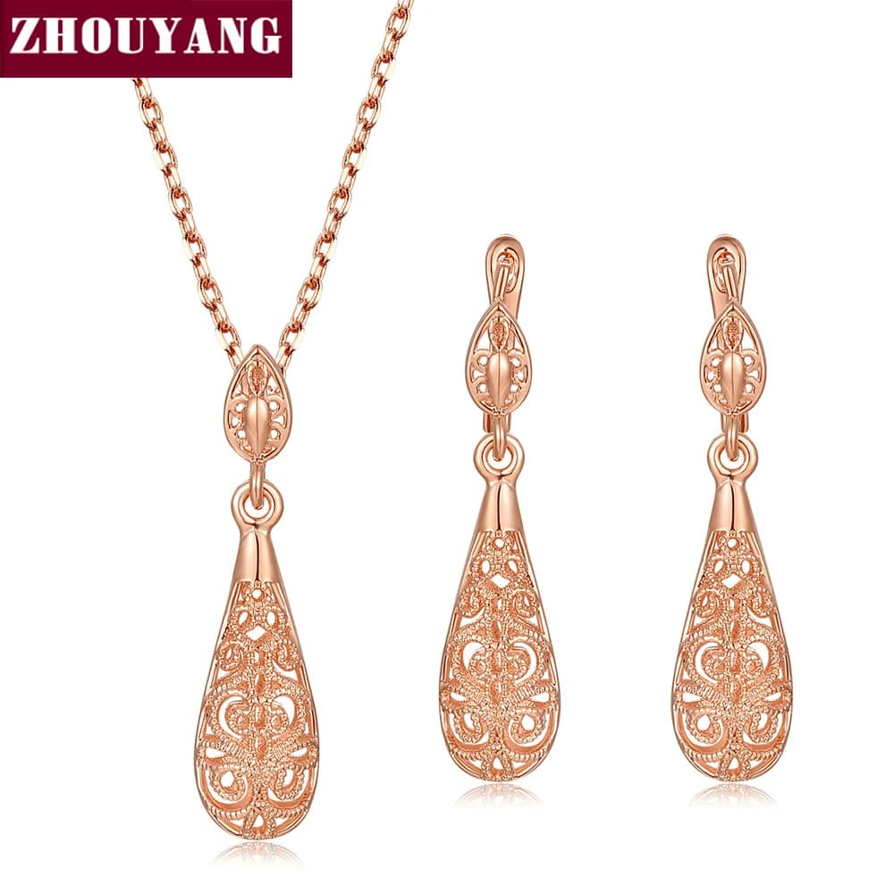 Ensemble de Bijoux Classique en Forme de Goutte d'Eau Ajourée, en Or Rose, pour Document Sivler, à l
