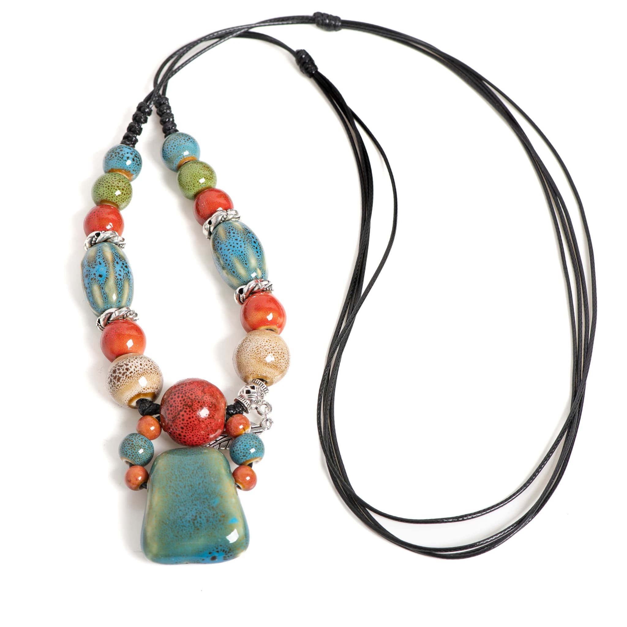 Collier hache en céramique bleue fait main, bijoux bohèmes avec perles multicolores et alliage antiq