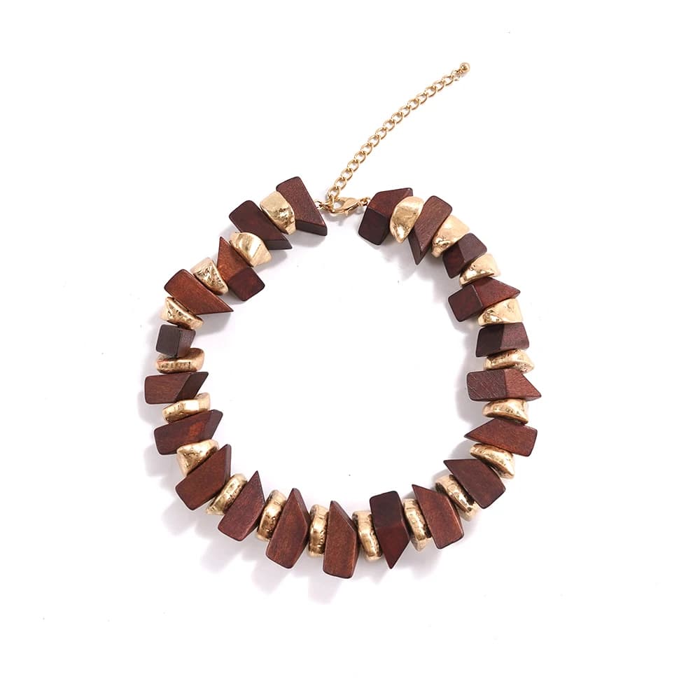 Collier ras du cou en bois et or (Luxueux et naturel) – Bijou audacieux idéal pour les brunches et l