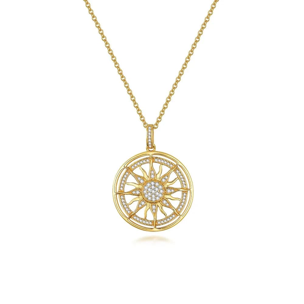 Collier avec pendentif soleil doré Moissanite pour femmes, plaqué or 18 carats, chaîne en diamant en