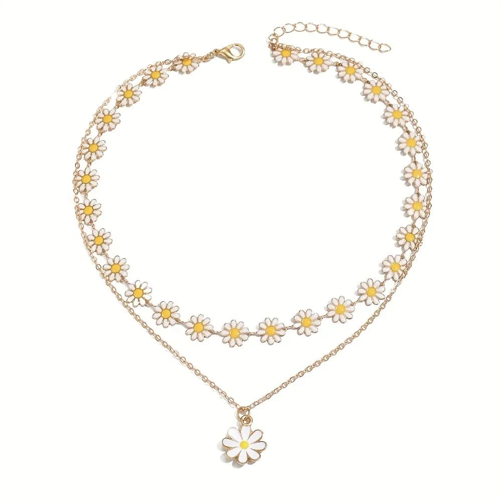 Ensemble de 2 colliers pendentifs rétro à motif marguerite - Collier double couche avec pendentif fl