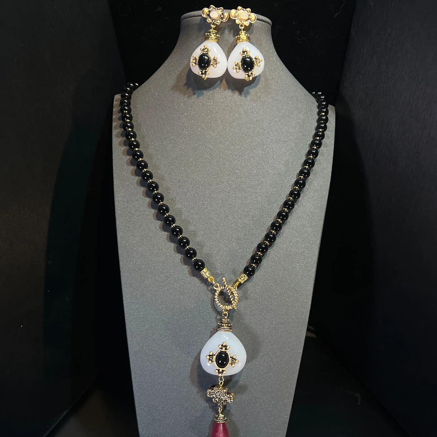 Ensemble collier et boucles d'oreilles vintage en agate à double et simple couche pour femmes