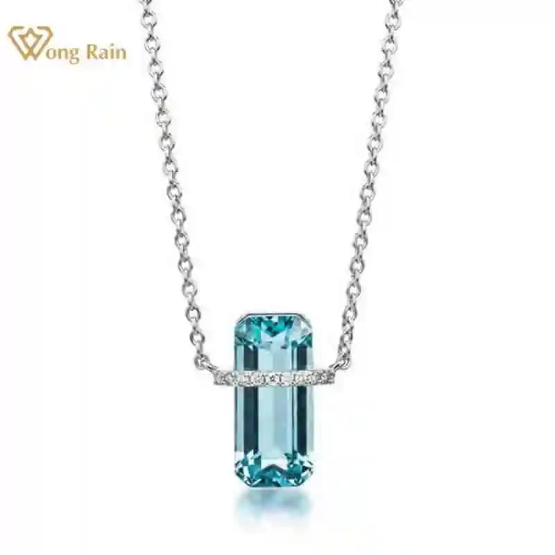 Wong Rain – collier avec pendentif en argent sterling 925, coupe émeraude, 6.4x13.5 MM, topaze bleue