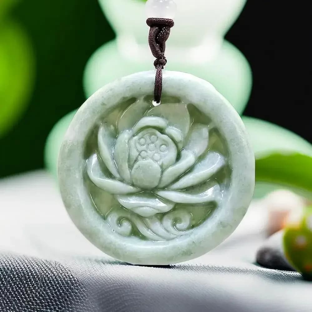 Collier pendentif Lotus en Jade véritable naturel, bijoux verts, breloque Vintage de styliste, amule