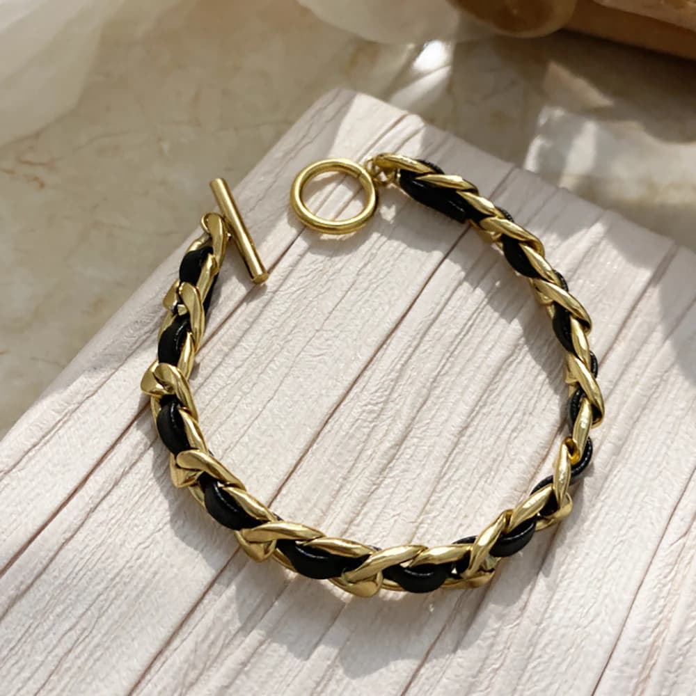 Colliers de chaîne en cuir tissé de luxe pour femmes, ras du cou en acier inoxydable plaqué or 18 ca
