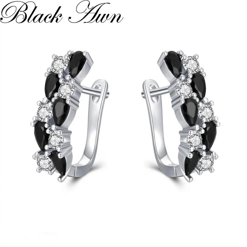 Boucles d'oreilles clous classiques en argent noir avec pierre spinelle noire pour femme, Bijoux Fem