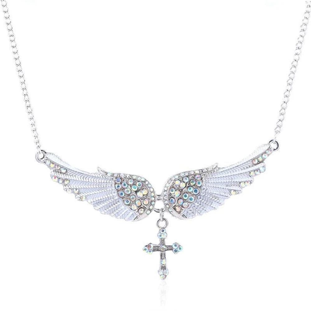 Colliers en cristal vintage pour femmes, ailes d'ange, croix, coquille dure, bijoux à breloques pour