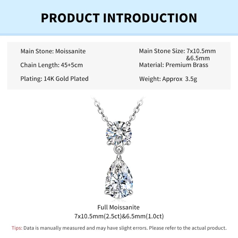 Collier pendentif en moissanite Rrjzz, taille poire et ronde, couleur D, 3,5 carats au total, 7x10,5