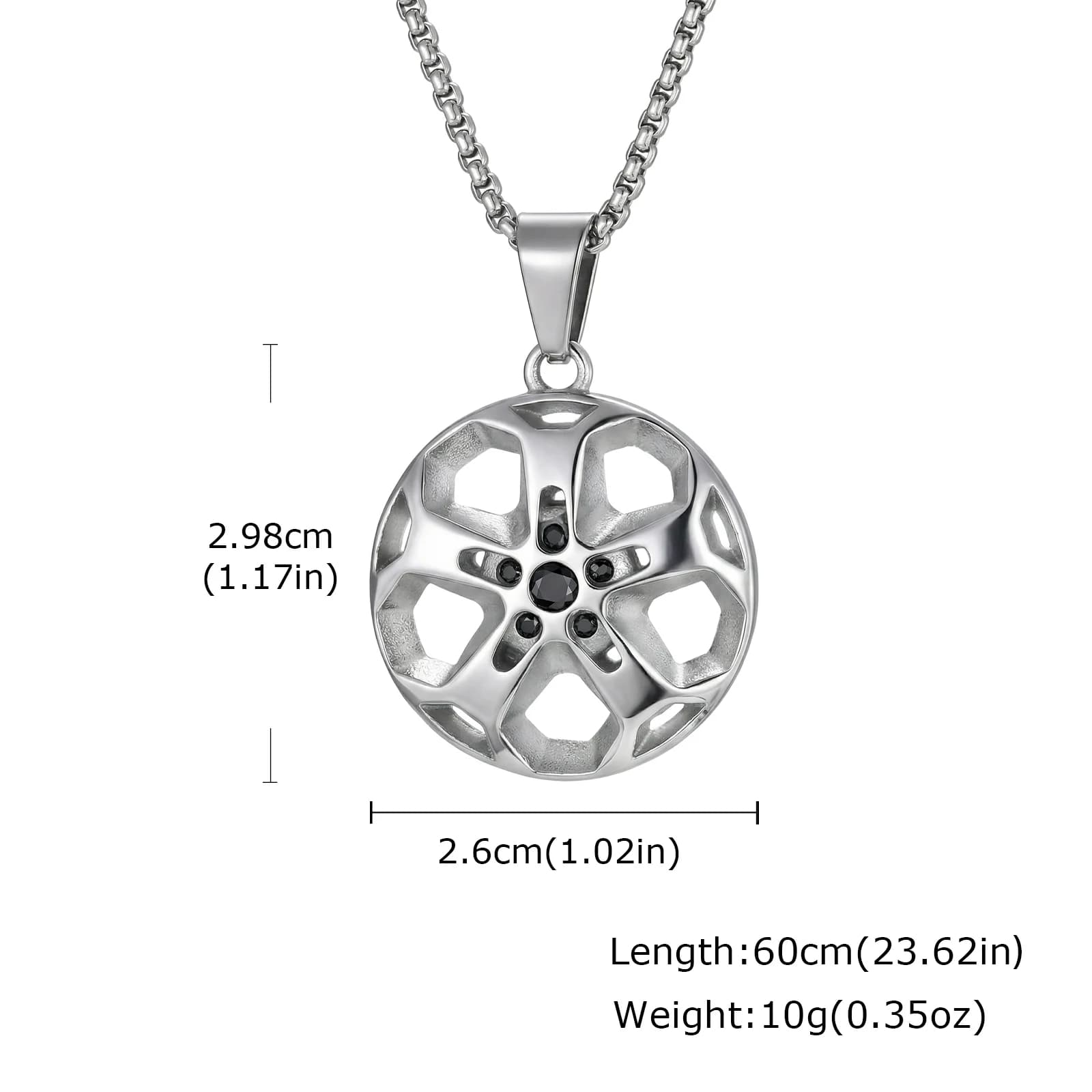Collier créatif et unique en forme de moyeu de roue, incrusté de zircon cubique, en acier inoxydable