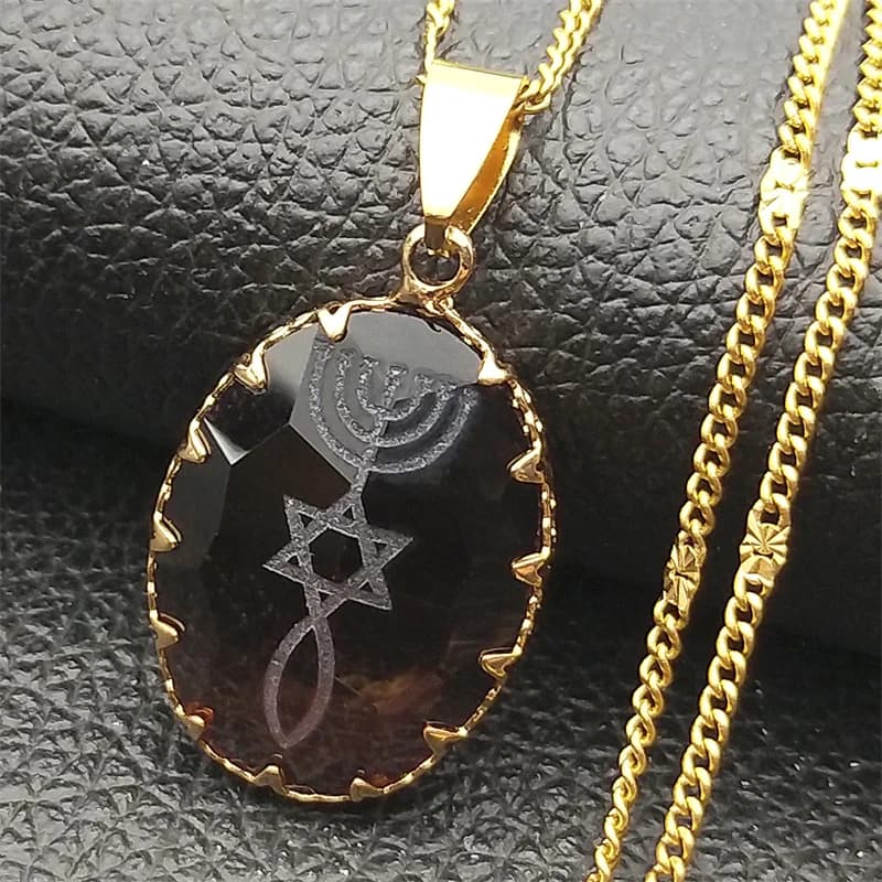 Menorah Star David juif Magen Judaica hébreu collier en verre pour femmes hommes en acier inoxydable