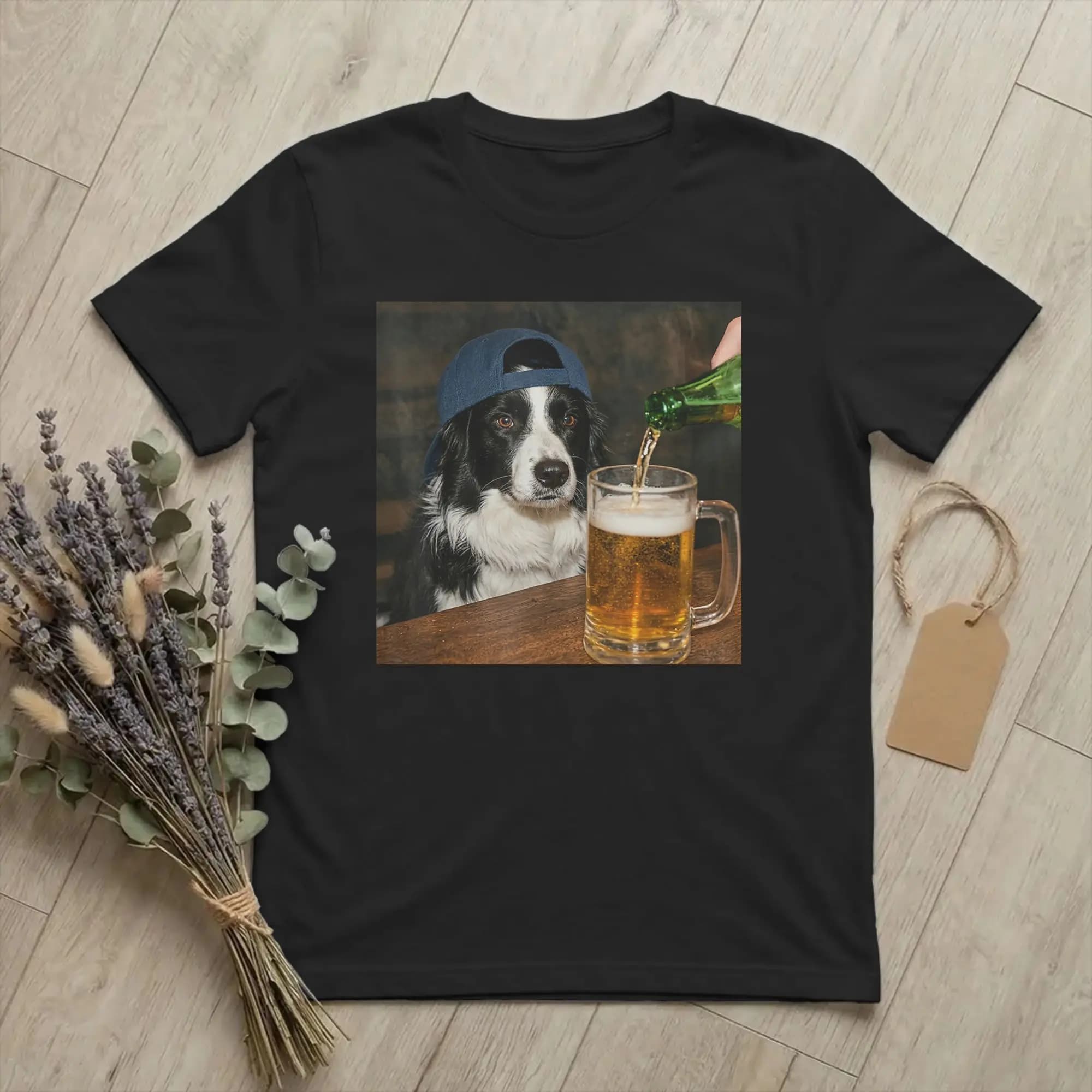 T-shirts pour hommes avec motif Border Collie buvant de la bière, humoristique, en coton, vintage, à