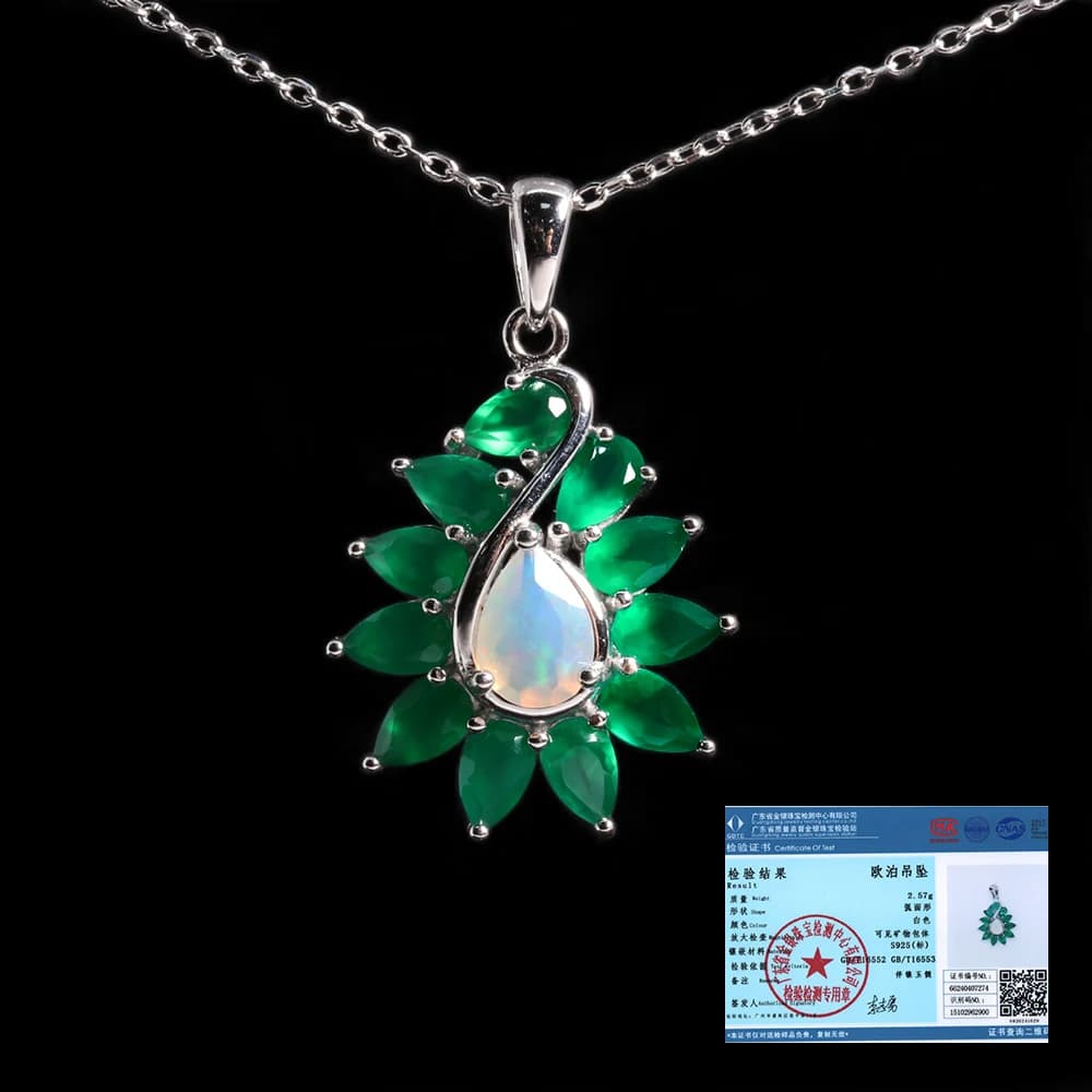 Collier pendentif en agate verte naturelle de luxe 2026 avec opale, bijoux fins en argent 925 pour f