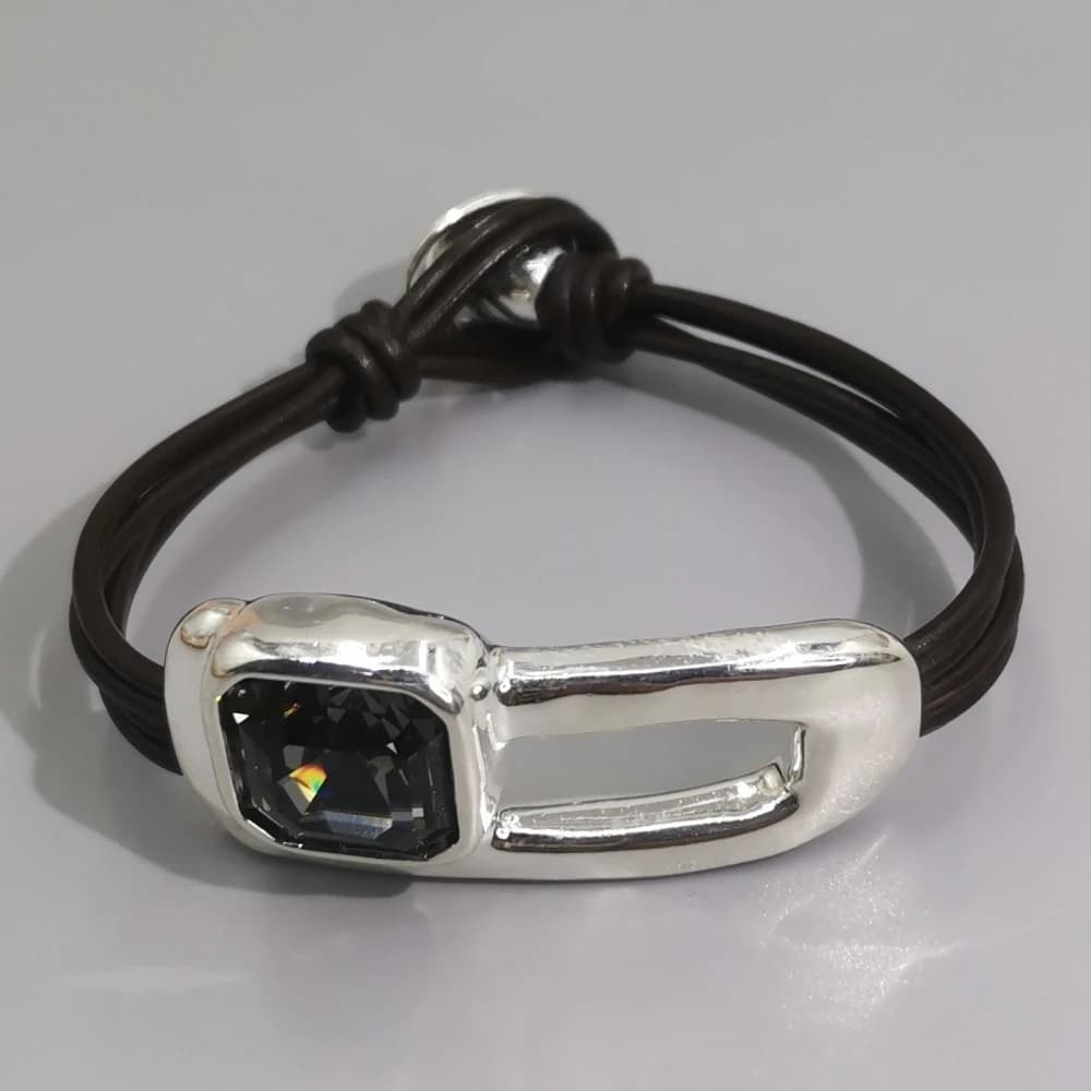 Espagnol été nouvelle haute beauté Unique argent géométrique noir cristal cuir corde Bracelet femmes