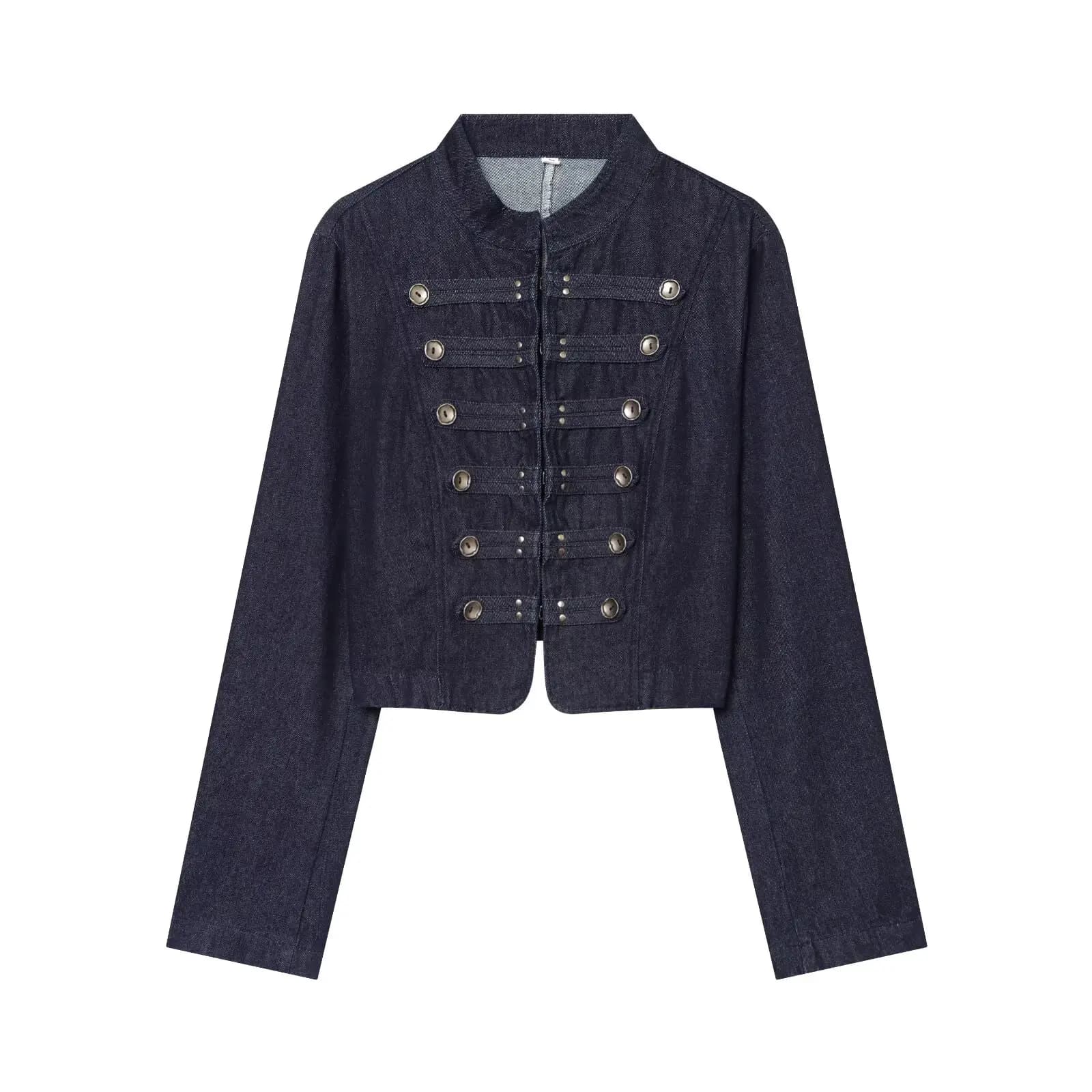 HH Punk Military Cropped Denim Coat Stand Collar Double Breasted Metal Button Jean Jacket Rock Festi