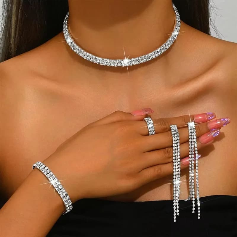 Ensemble de bijoux de fête de mariée, 5 pièces, ras du cou en strass, boucles d'oreilles, Bracelet, 