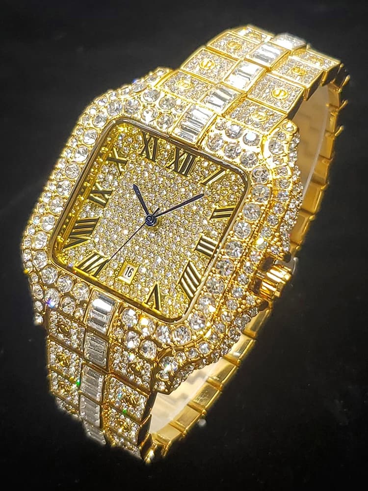 Montre en or diamant pour hommes, montre de luxe à Quartz en Zircon glacé avec calendrier à pointe b