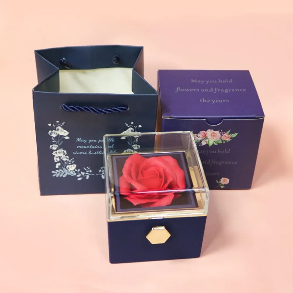 Boîte à bijoux rotative Rose Éternelle avec fleur de savon, sac cadeau, boîte à bagues, couvercle tr