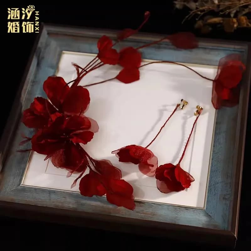 Accessoires de cheveux de mariée couleur vin rouge, fleurs pour chignon de style chinois, robe de ma