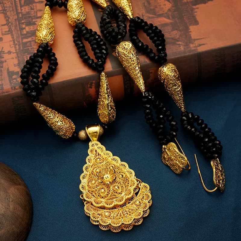 Collier ethnique de perles de luxe, pendentif plaqué or, bijoux de mariage algériens, colliers à lon