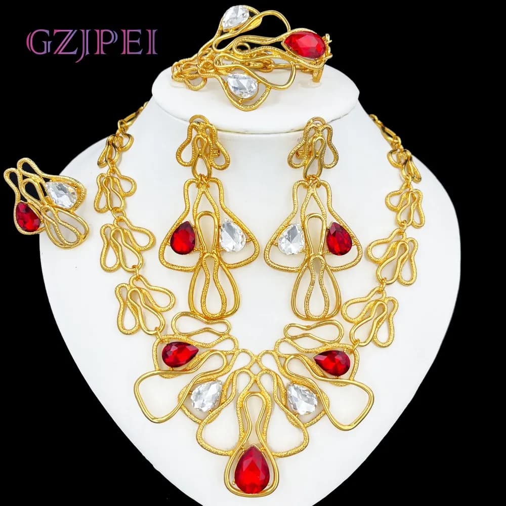 GZJPEI – ensemble de bijoux élégants pour femmes, pierre de Zircon rouge de luxe, grands bijoux pour
