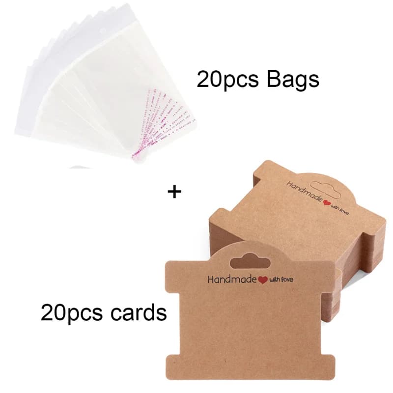 Porte-cartes en papier pour Bracelets, 20 ensembles, 9.7x8cm, présentoir avec sacs auto-adhésifs, or