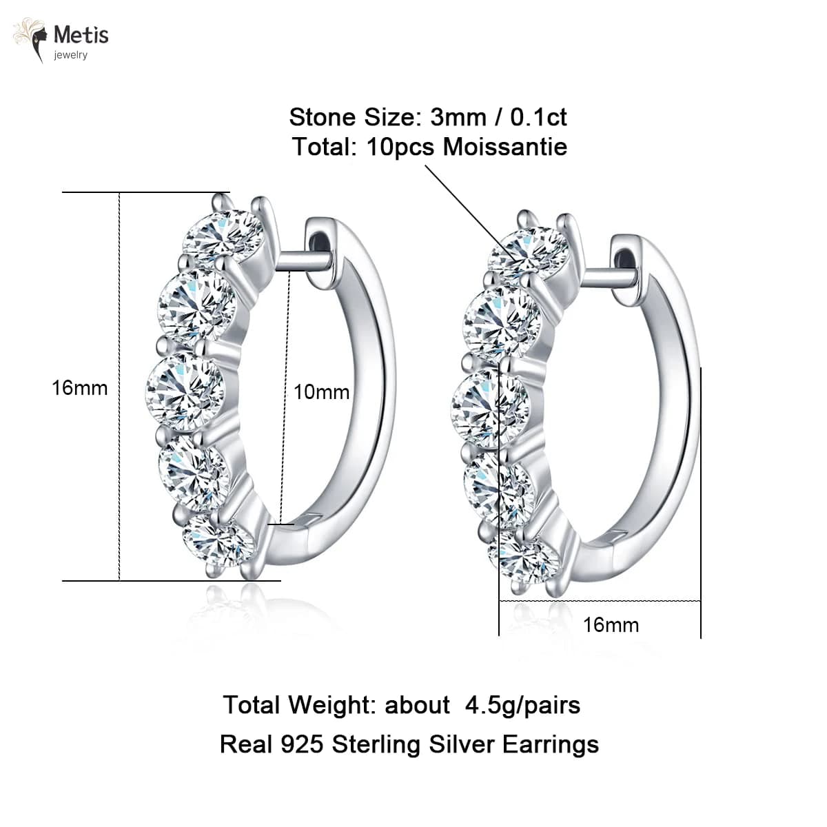 Boucles d'oreilles créoles Metis 3 carats en moissanite, plaqué platine sur argent sterling 925, ave