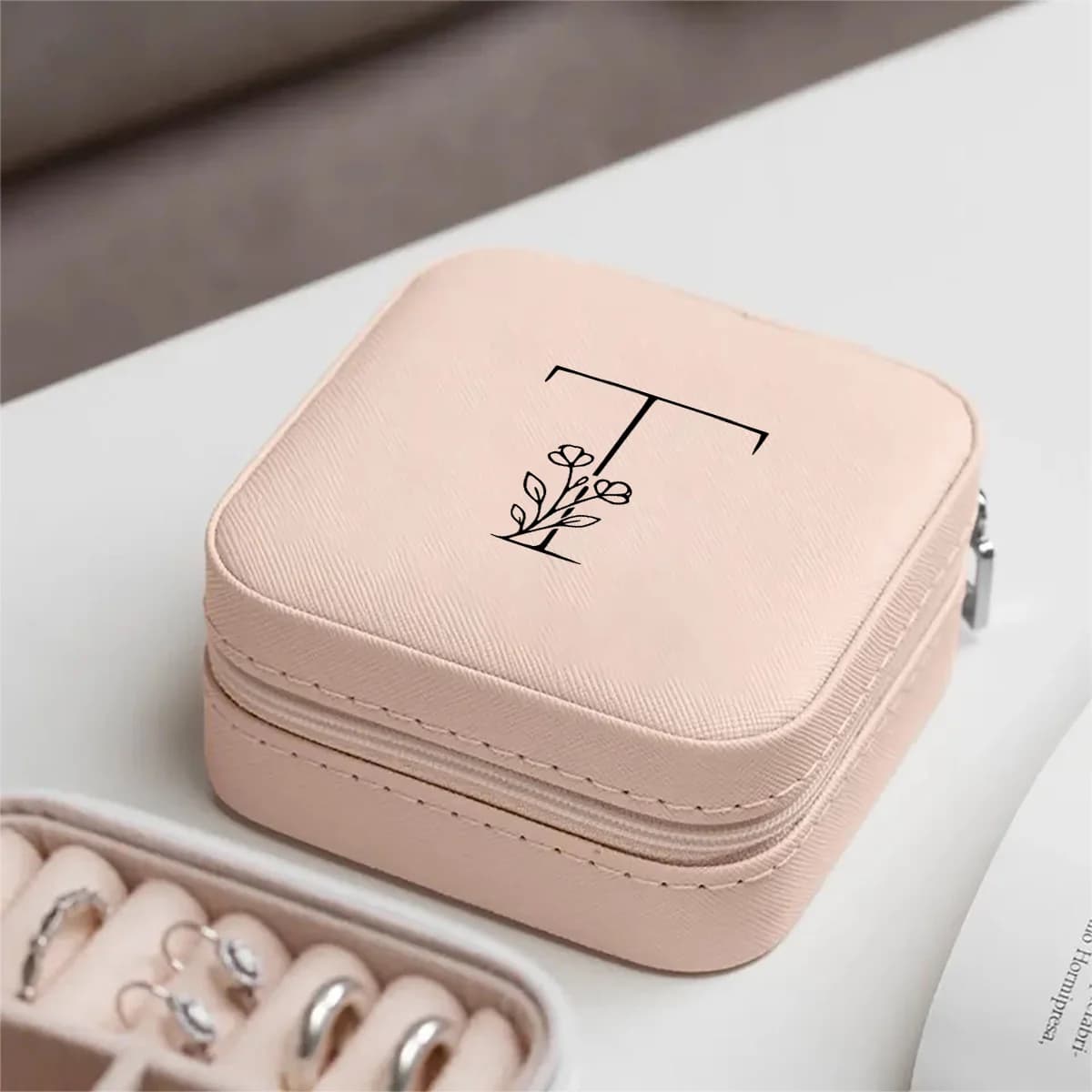 Boîte à bijoux en cuir PU avec fermeture éclair, boîte de rangement portable pour bagues, boucles d'