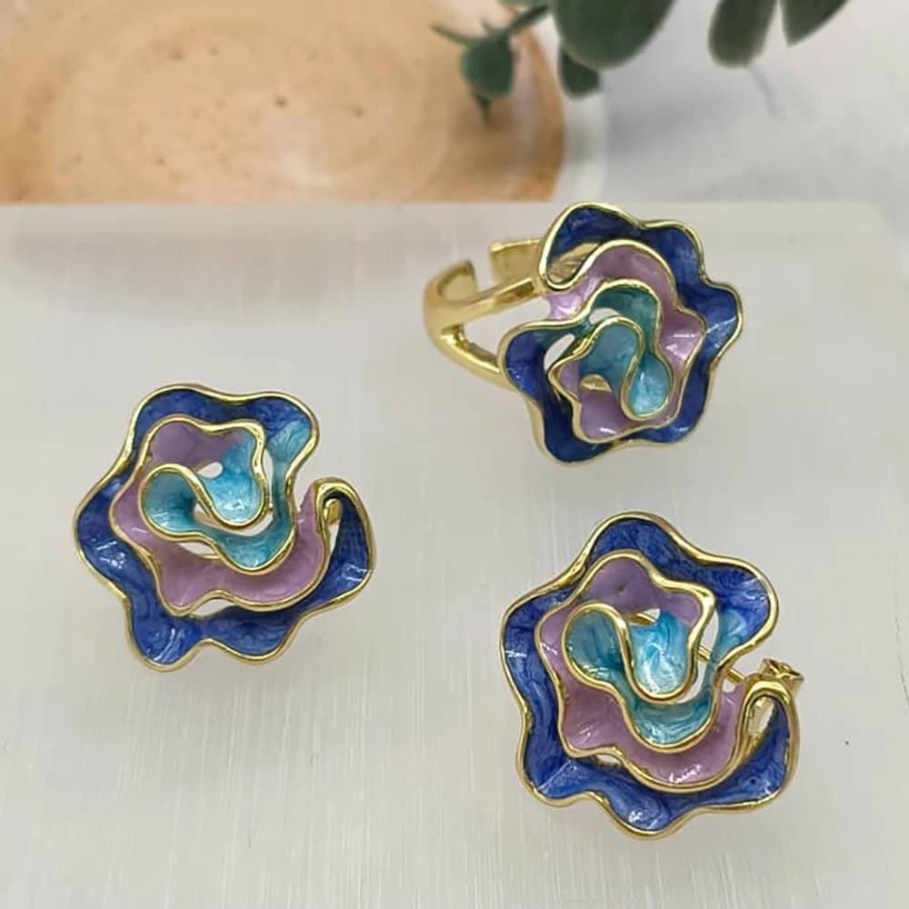 Ensemble de bijoux vintage en émail avec boucles d'oreilles et bague à motif floral, nouveau design,
