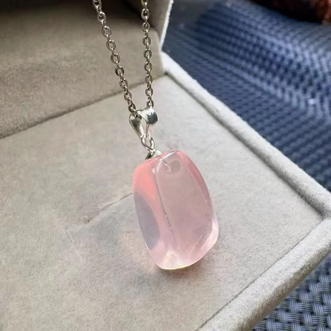 Pendentif Collier en Argent 925 avec Cristal de Quartz Rose Naturel de Forme Libre, Nouveauté, pour 