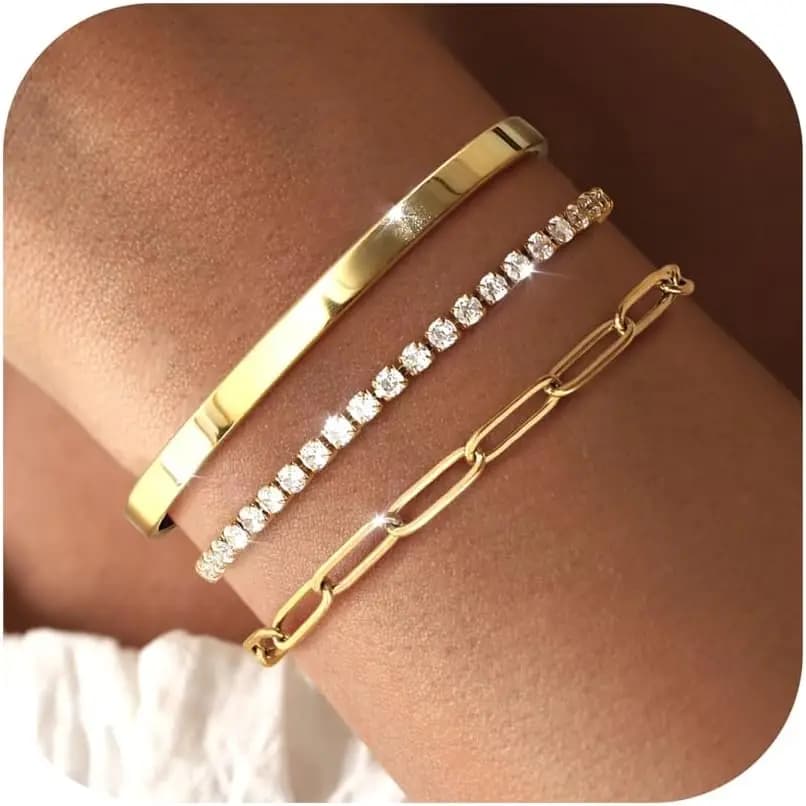 ORAZIO Lot de 3 Bracelets Dorés pour Femme en Acier Inoxydable Plaqué Or 14K – Chaînes Maille Cubain