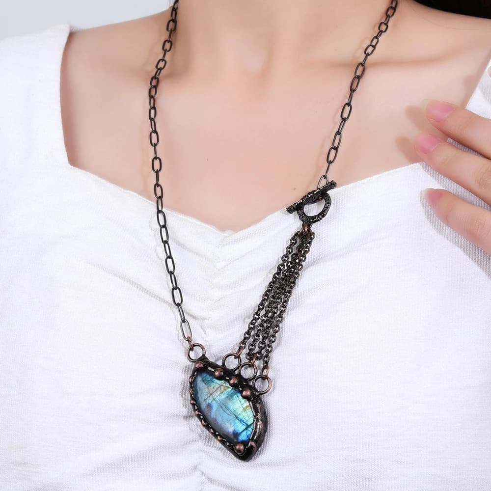 Collier pendentif en Labradorite naturelle, plaqué Bronze Antique, chaîne multicouche, bijoux pour f