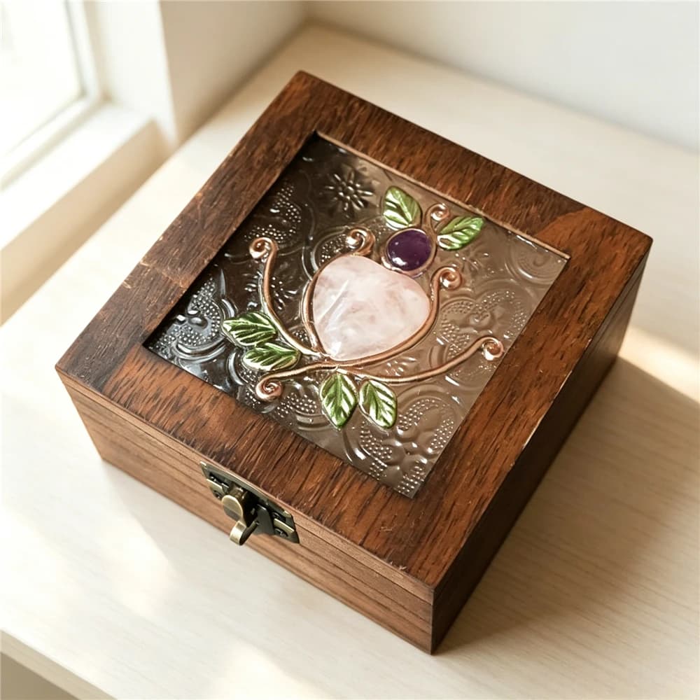 Boîte à bijoux vintage en bois avec pierres de cristal naturelles, motif floral fait main, boîte de 