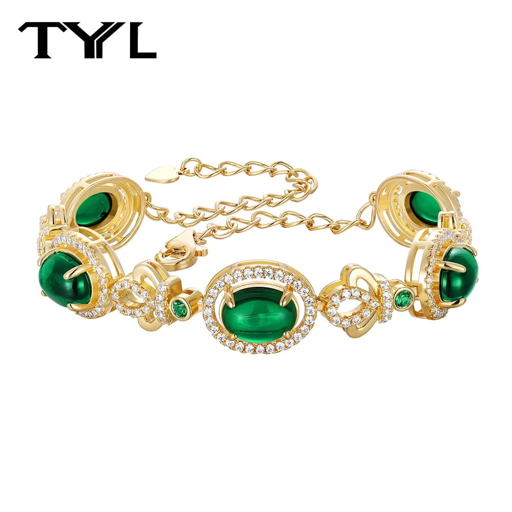 Bracelet TYYL plaqué or 14 carats avec pierres synthétiques vertes et zircon 5A, élégant bijou vinta