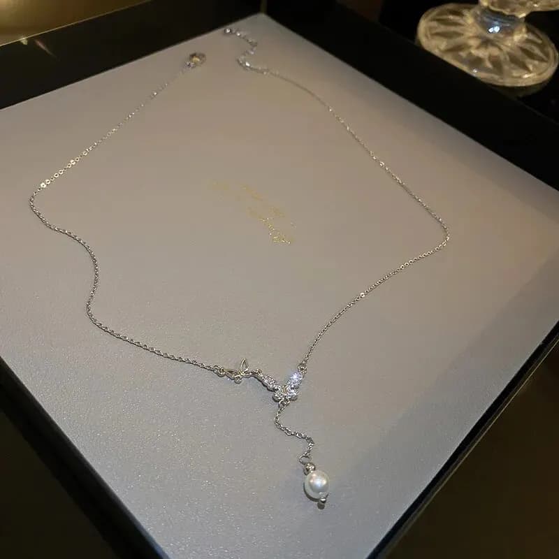 Collier Nœud Papillon en Perles et Strass pour Femme, Chaîne de Clavicule Tendance Luxe Léger, Nouve