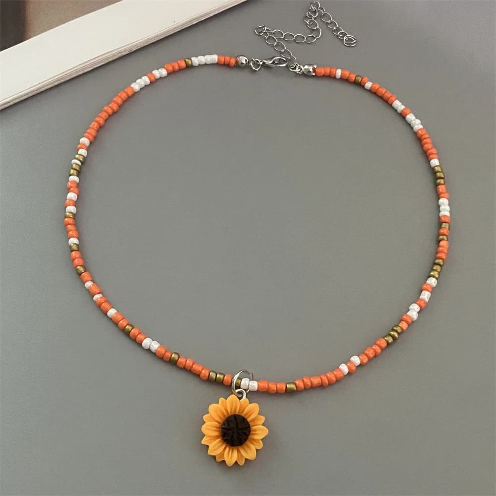 Collier ras du cou court en perles de rocaille colorées, avec pendentif fleur jaune, collier cadeau,