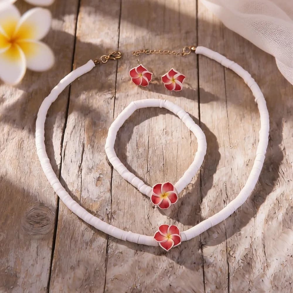 Ensemble de bijoux bohème chic, chaîne en corde tressée, élégant bracelet à grandes fleurs en perles