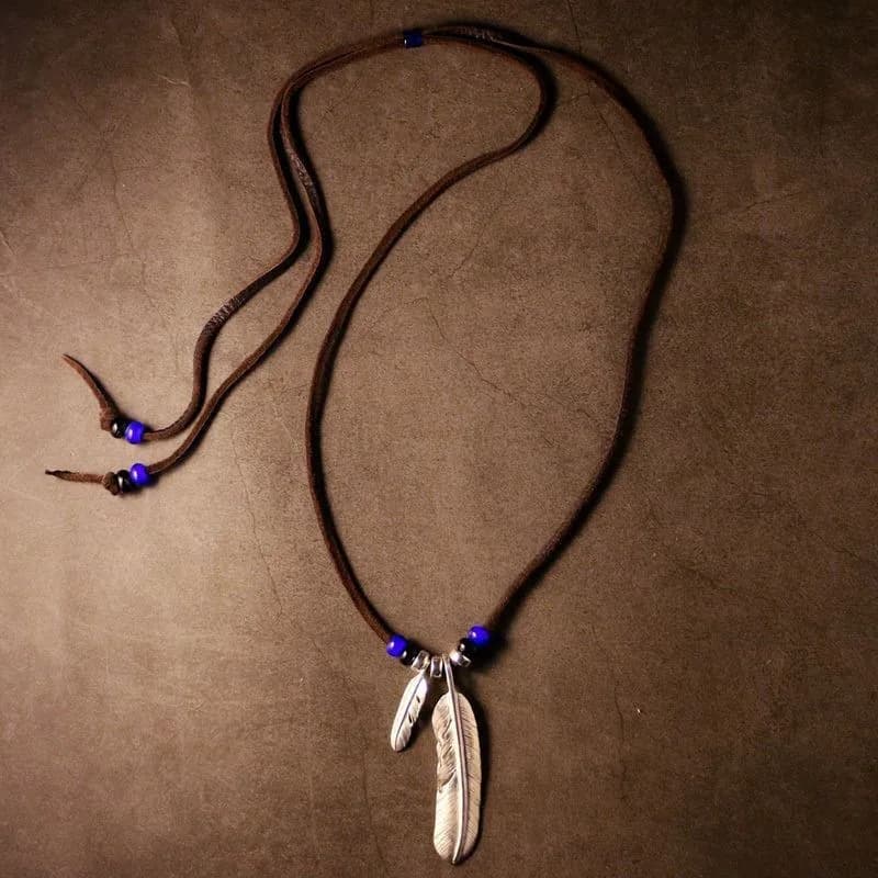 Collier en corde de cuir avec pendentif Turquoise en plumes rétro indiennes, conçu par Niche pour ho